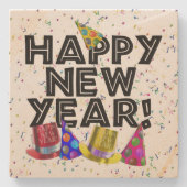 Happy New Year - Schwarzer Text mit Party Hats Steinuntersetzer (Vorderseite)