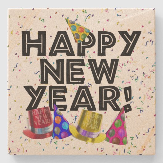 Happy New Year - Schwarzer Text mit Party Hats Steinuntersetzer (Vorderseite)