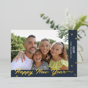 Happy New Year Script Foto Gold Foil Tour Card Folien Feiertagskarte