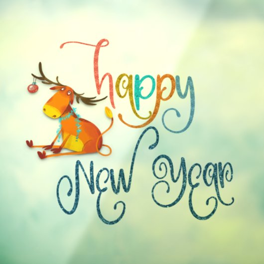 Happy New Year Script Funny Reindeer Fensteraufkleber (Blatt 3)