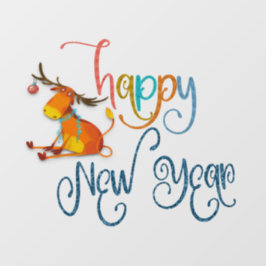 Happy New Year Script Funny Reindeer Fensteraufkleber