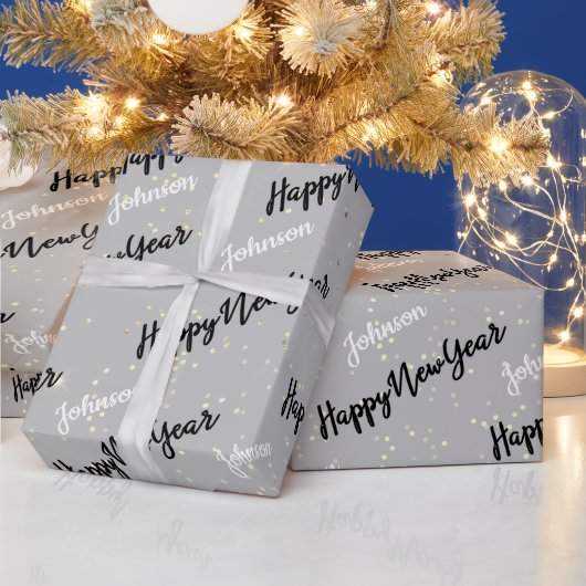 Happy New Year Script Individuelle Name Gray Gold Geschenkpapier (Feiertage)
