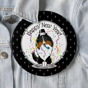 Happy New Year Shetland Sheepdog (Trikolon) Niedli Button