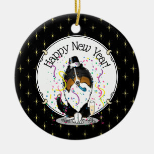 Happy New Year Shetland Sheepdog (Trikolon) Niedli Keramik Ornament