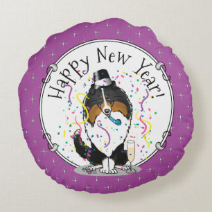 Happy New Year Shetland Sheepdog (Trikolon) Niedli Rundes Kissen