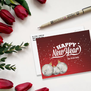 Happy New Year   Silver Baubles   Rot Postkarte