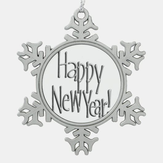 Happy New Year - Silver Text Schneeflocken Zinn-Ornament (Vorderseite)