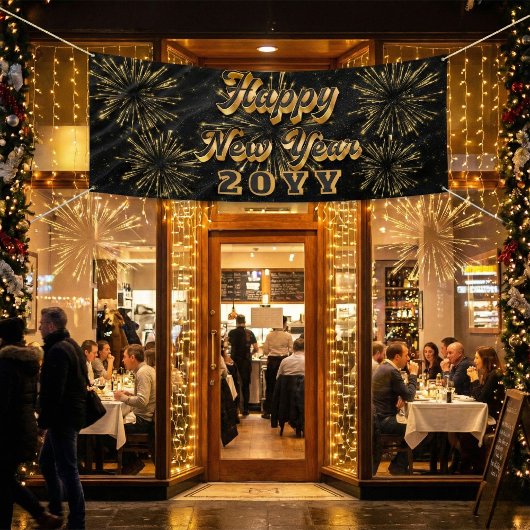 Happy New Year Simple Black And Gold Party  Banner