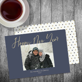 Happy New Year Simple Foto Sage Navy Blue Feiertagskarte
