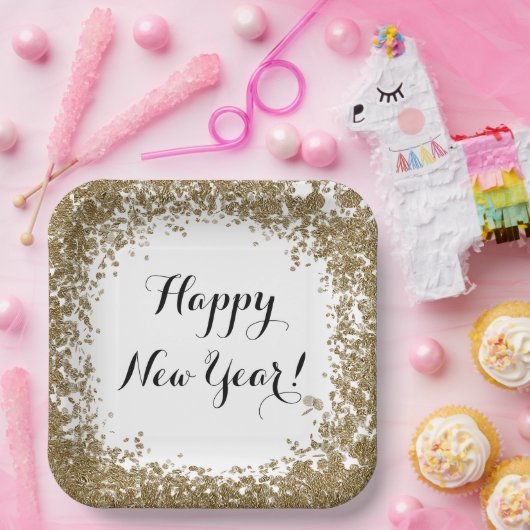 Happy New Year Simple Gold and White Confetti Pappteller (Party)