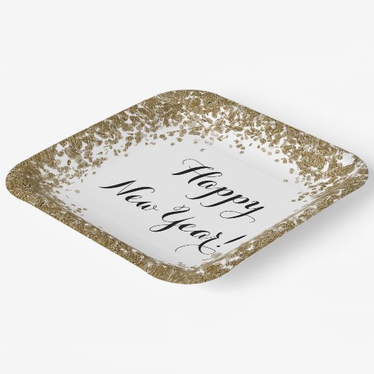 Happy New Year Simple Gold and White Confetti Pappteller (Gewinkelt)