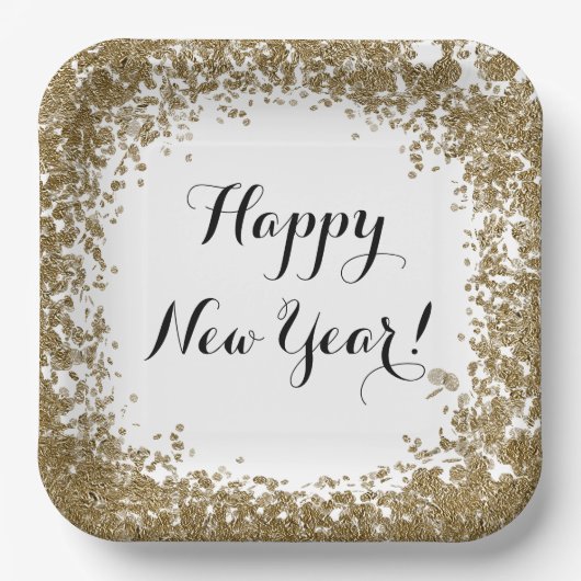 Happy New Year Simple Gold and White Confetti Pappteller (Vorderseite)