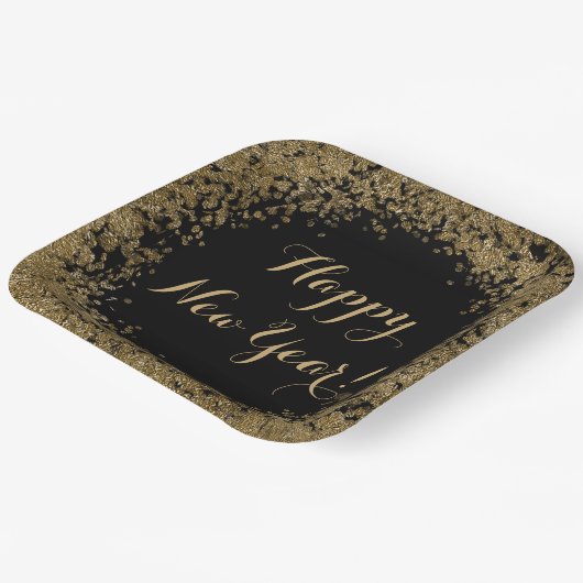 Happy New Year Simple Gold Confetti und Black Pappteller (Gewinkelt)