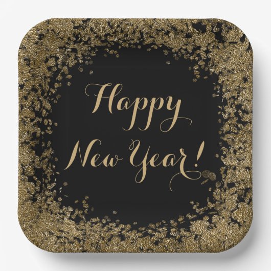 Happy New Year Simple Gold Confetti und Black Pappteller (Vorderseite)