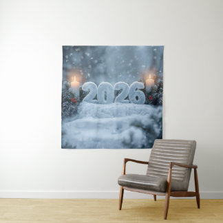 happy new year snowy candle backdrop wandteppich