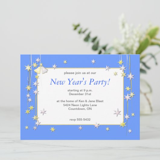 Happy New Year Stars Blue Einladung (Stehend Vorderseite)