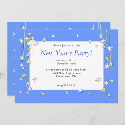 Happy New Year Stars Blue Einladung (Vorne/Hinten)