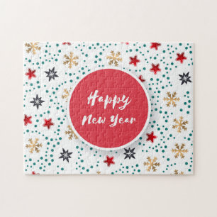 Happy New Year Stars Schneeflocken farbenfrohe Mus Puzzle