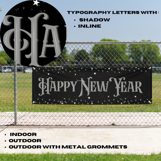 Happy New Year Stars Silver und Black Banner