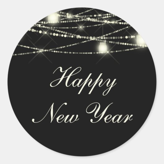 Happy New Year String Lights Jars Black Runder Aufkleber (Vorderseite)