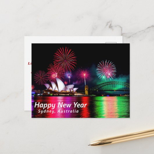 Happy New Year Sydney Australien Postkarte (Vorderseite/Rückseite Beispiel)