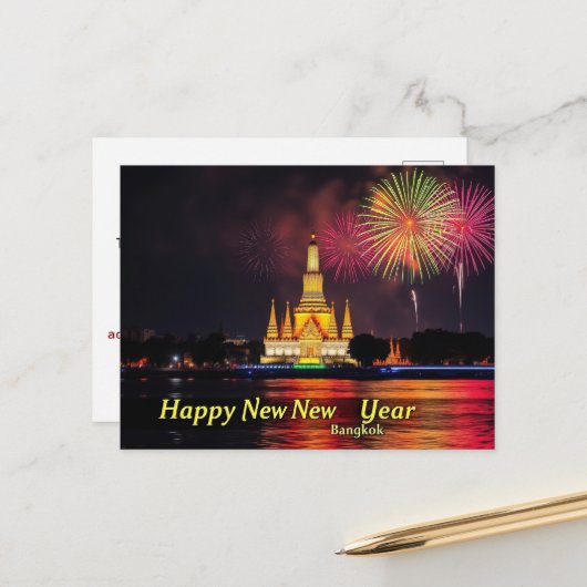 Happy New Year Temple Dawn Wat Arun Bangkok Postkarte (Vorderseite/Rückseite Beispiel)