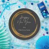 Happy New Year Text Gold Fleck Ring dunkelgrau Pappteller (Party)