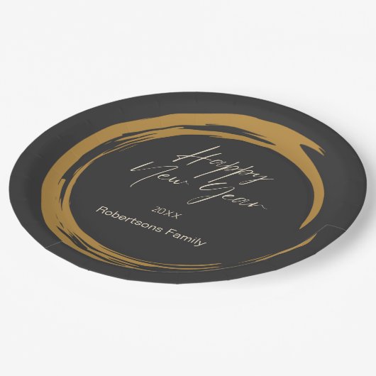 Happy New Year Text Gold Fleck Ring dunkelgrau Pappteller (Schrägansicht)