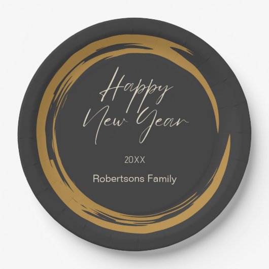 Happy New Year Text Gold Fleck Ring dunkelgrau Pappteller (Vorderseite)