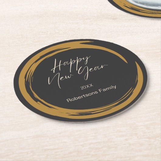Happy New Year Text Gold Fleck Ring dunkelgrau Runder Pappuntersetzer (Angewinkelt)