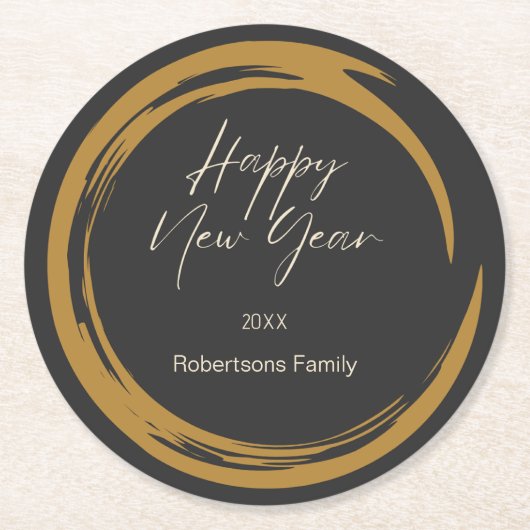 Happy New Year Text Gold Fleck Ring dunkelgrau Runder Pappuntersetzer (Vorderseite)