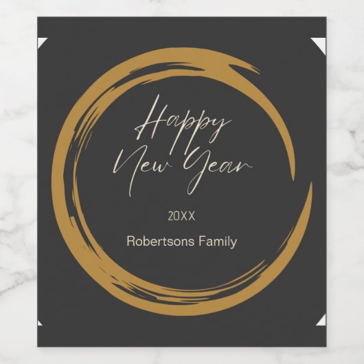 Happy New Year Text Gold Fleck Ring dunkelgrau Weinetikett (Einzelnes Label)