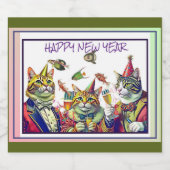 HAPPY NEW YEAR THREE CATS SCHAUMWEINETIKETT (Einzelnes Label)