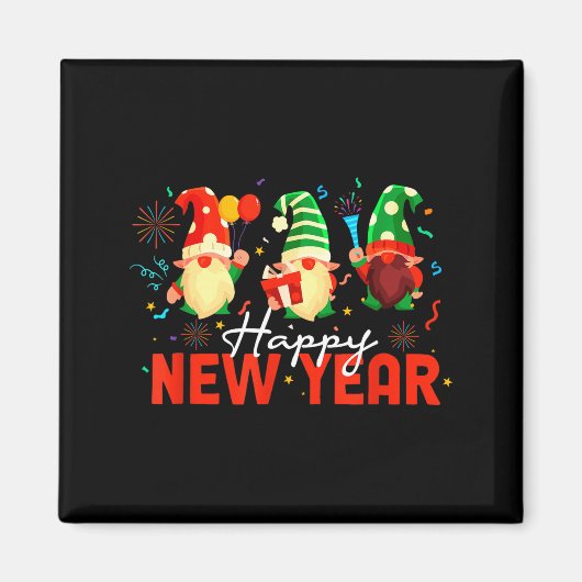 Happy New Year Three Gnomes Fireworks Confetti Nye Magnet (Vorne)