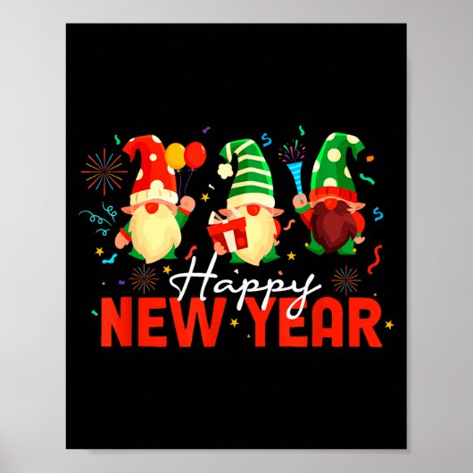 Happy New Year Three Gnomes Fireworks Confetti Nye Poster (Vorne)