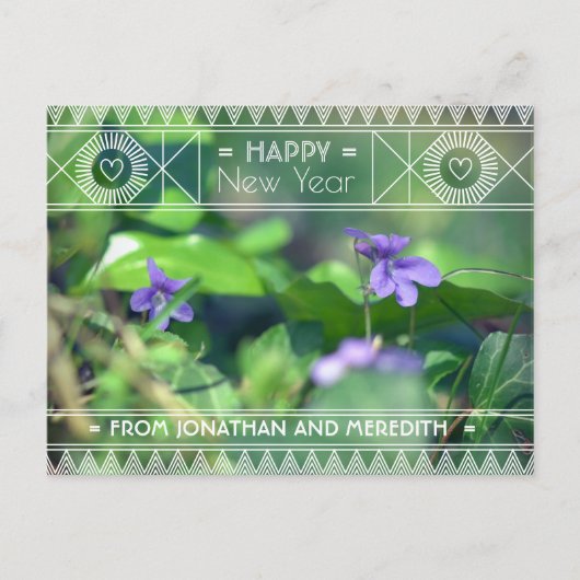 Happy New Year Violet Green Lila Flora Art Deco Postkarte (Vorderseite)
