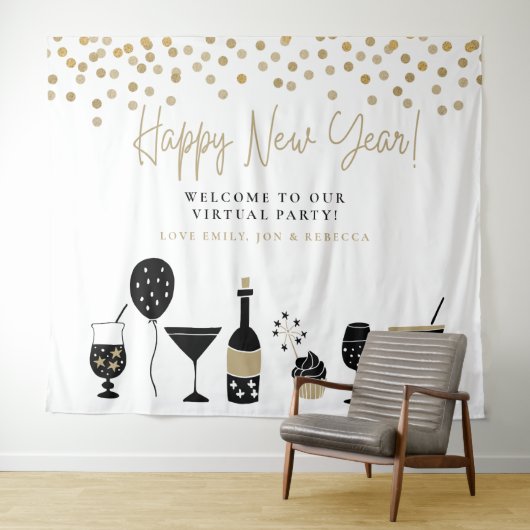 Happy New Year Virtual Party Hintergrundnamen Wandteppich (Beispiel (Horizontal))