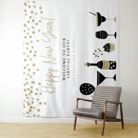 Happy New Year Virtual Party Hintergrundnamen Wandteppich (Beispiel)