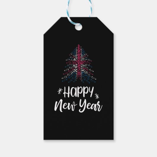 Happy New Year Weihnachtsbaum mit britischer Flagg Geschenkanhänger (Vorderseite)