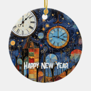 Happy New Year Whimsical Illustration Keramik Ornament