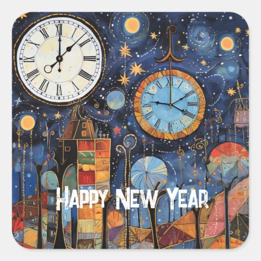 Happy New Year Whimsical Illustration Quadratischer Aufkleber (Vorderseite)