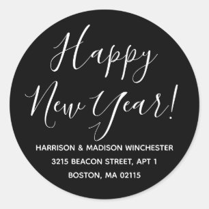 Happy New Year White Black Script Rücksendeadresse Runder Aufkleber