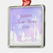 Happy New Year White Snow House Lila Ornament Aus Metall (Links)