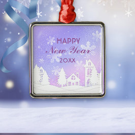 Happy New Year White Snow House Lila Ornament Aus Metall
