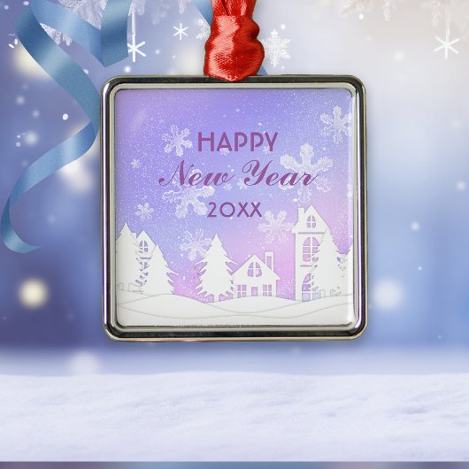 Happy New Year White Snow House Lila Ornament Aus Metall