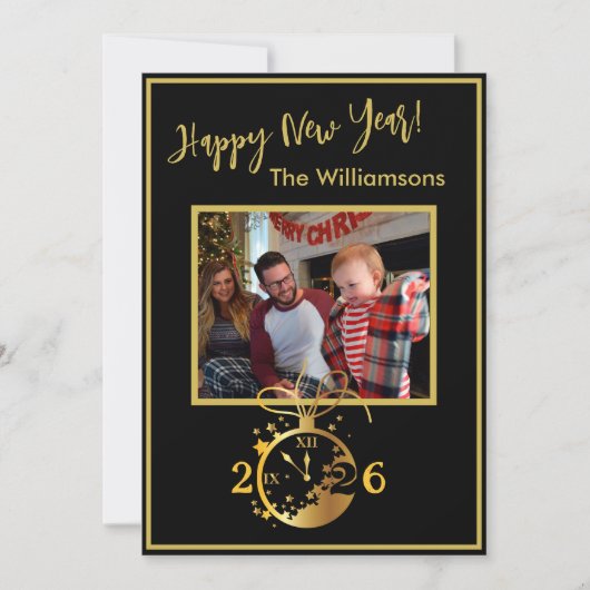 Happy New Year's 4 Photo Clock Card Einladung (Vorderseite)