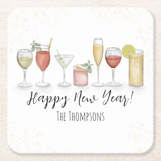 Happy New Years Cocktail Drinks Aquarell Party Rechteckiger Pappuntersetzer (Vorderseite)