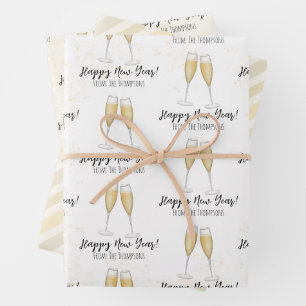Happy New Years Party Champagne Watercolor Gold Geschenkpapier Set