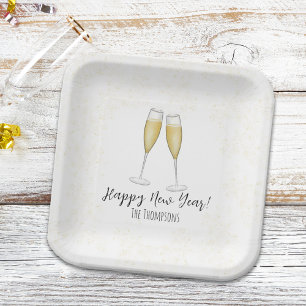 Happy New Years Party Champagne Watercolor Gold Pappteller