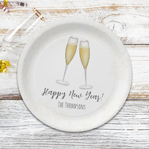 Happy New Years Party Champagne Watercolor Gold Pappteller